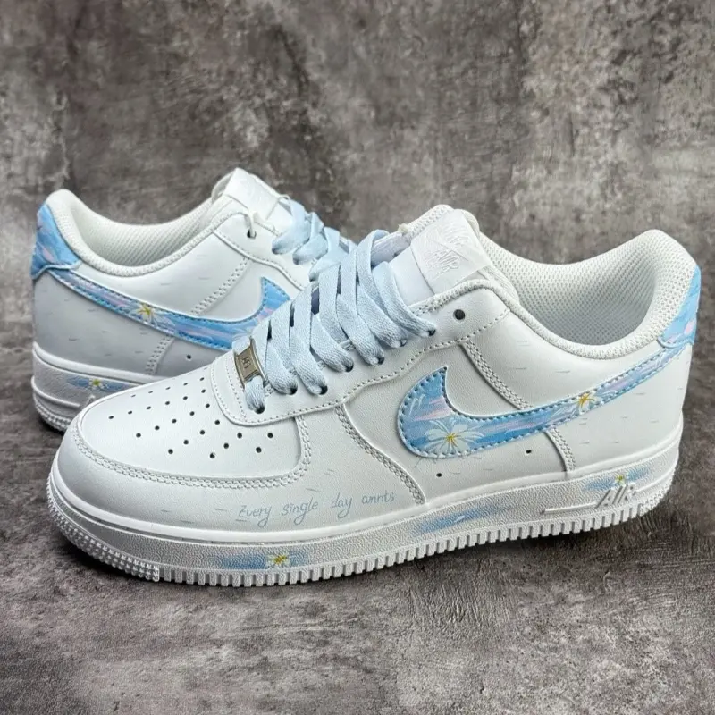 Personalized Blue Bridal Sneakers, Hand-Painted Wedding Air Force 1, Floral Wedding Shoes,Custom Wedding Sneakers